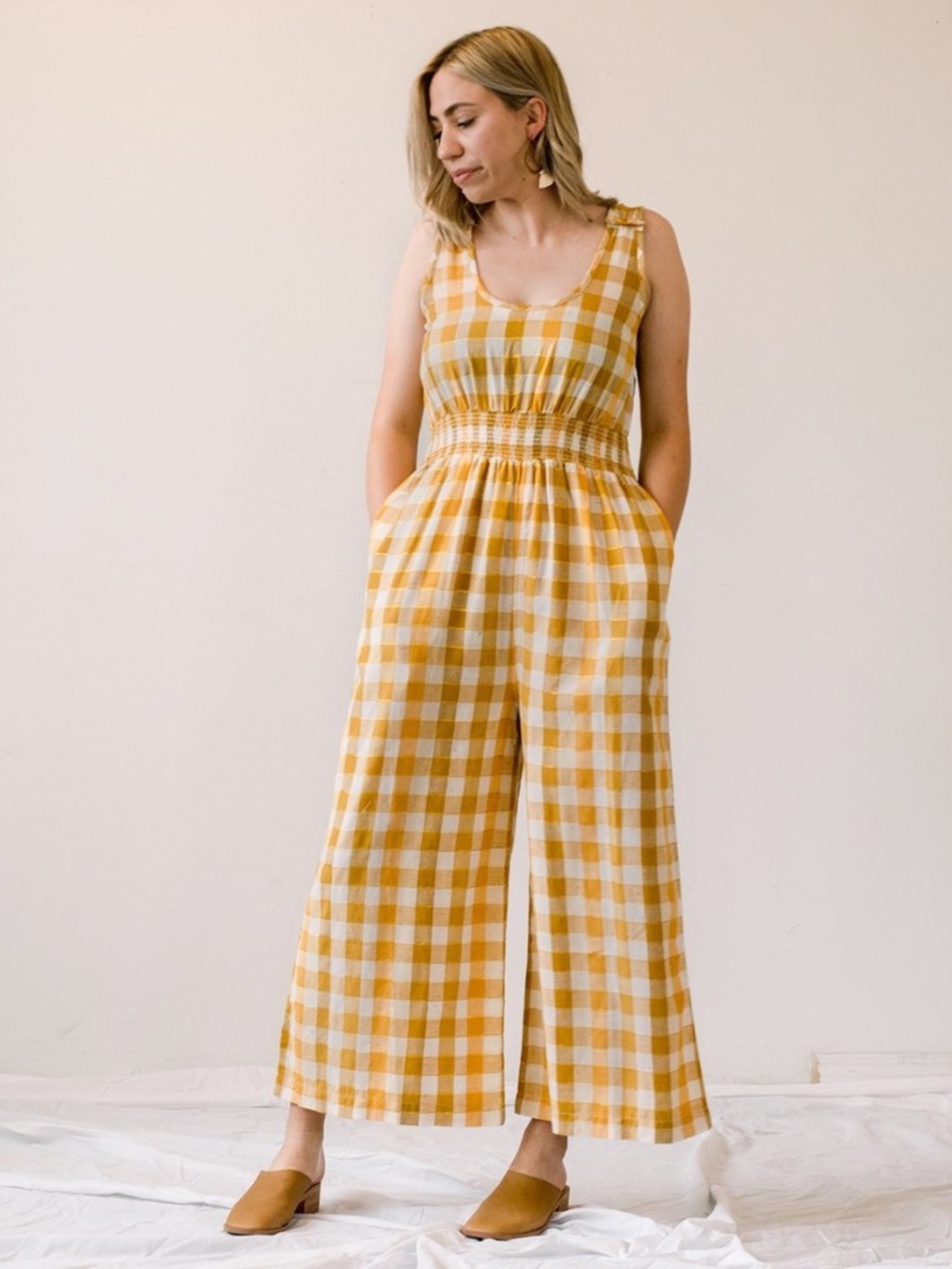 Ace & Jig Ferris Wide Leg Jumpsuit Onesie, Yellow Gingham Metallic Boho, Size XS